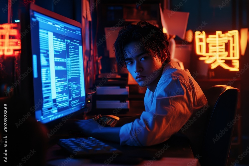 Poster Nighttime programming by a programmer in his office