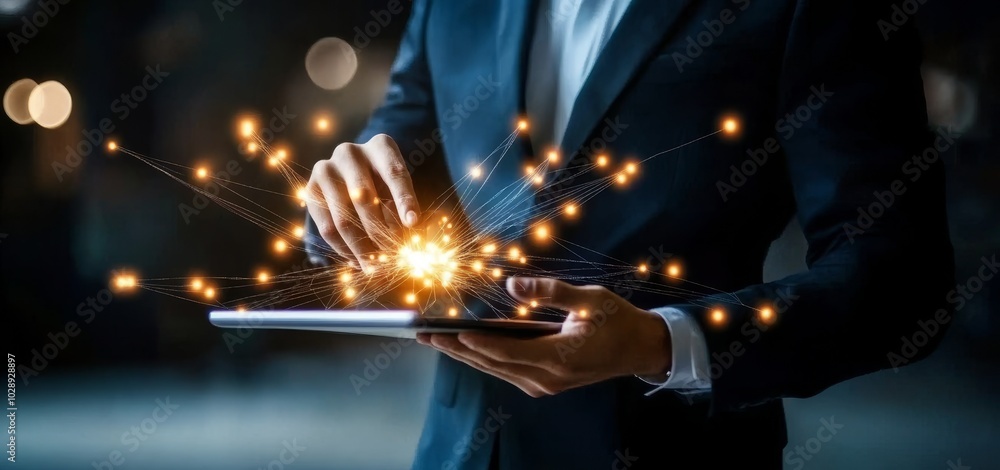 Aufkleber An executive is analyzing business and financial data with a digital tablet, using an interface with an interactive interface.