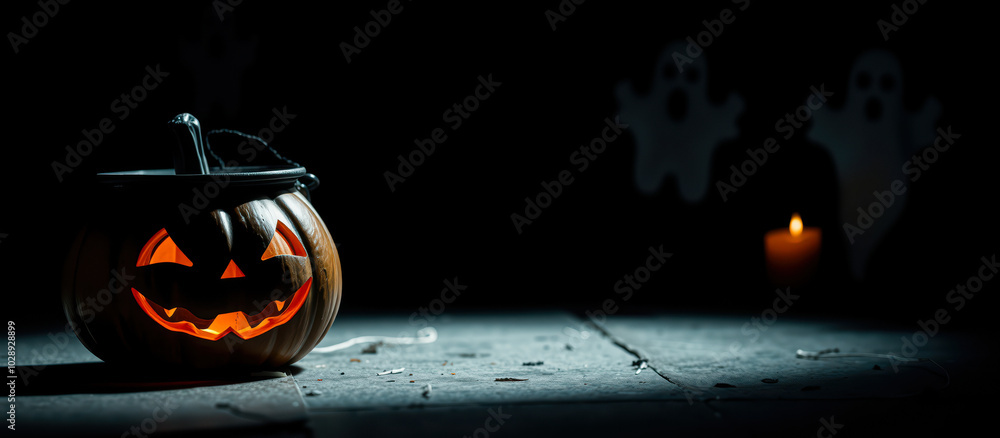 Wall mural lighted jack-o'-lantern with ghostly figures