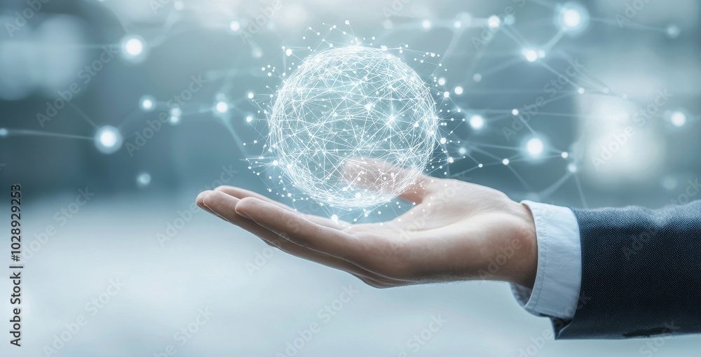 Poster Robot hand on futuristic AI icon to check correct data utilizing RPA function software program to help proof and detect and synchronize with system for future business technology