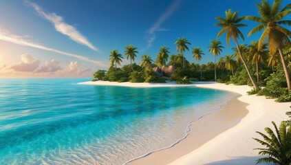 Tranquil Tropical Island Oasis with Palm Trees and Crystal Clear Water Under Blue Sky