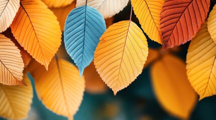 Fototapeta premium Abstract close-up of multicolored autumn leaves with vibrant blue, orange, yellow, and brown hues, showcasing detailed textures and veins in a natural arrangement.