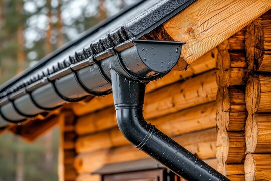 The roof of a private building is covered with a polymer storm drainage system with a gutter