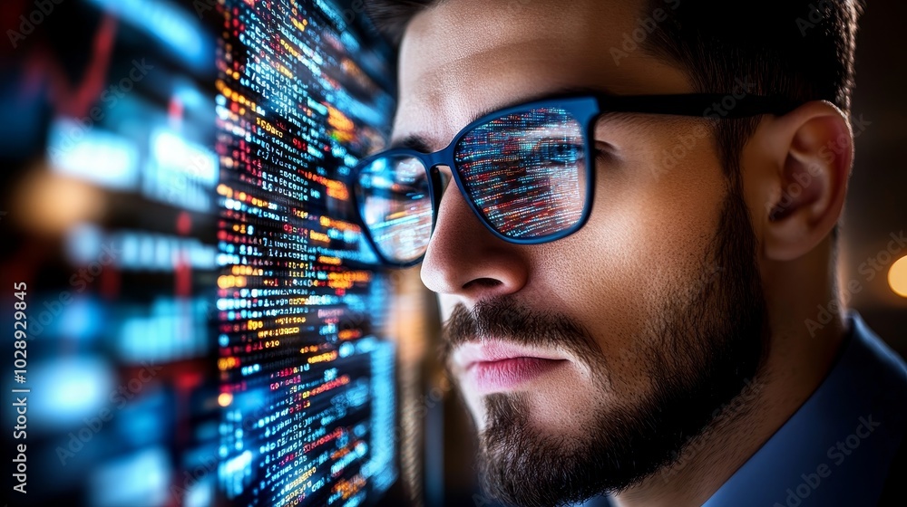 Leinwandbilder A close-up of a software engineer working in front of a computer with code reflected in his glasses. He is developing an innovative e-commerce application that incorporates machine learning, AI