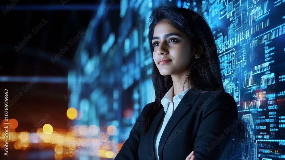 Aufkleber Confident Indian IT Programmer Working on Desktop Computer. Professional Female Specialist Develop Innovative Software. Shot with Running Code Visual Effects.