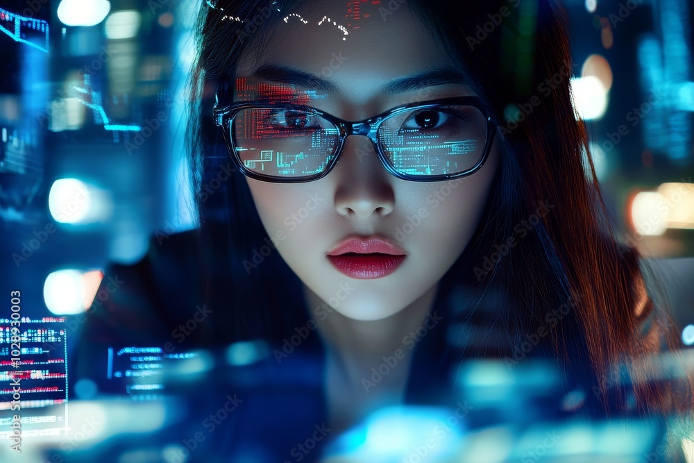 Poster Young nerdy software developer looking at data, software or network interfaces. Female programmer coding and concentrating on her work