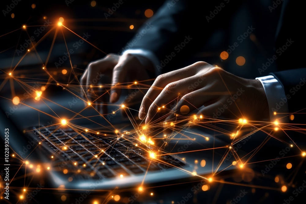 Poster Man using laptop computer with futuristic digital technology background, data exchange between digital platforms, big data, internet network connections