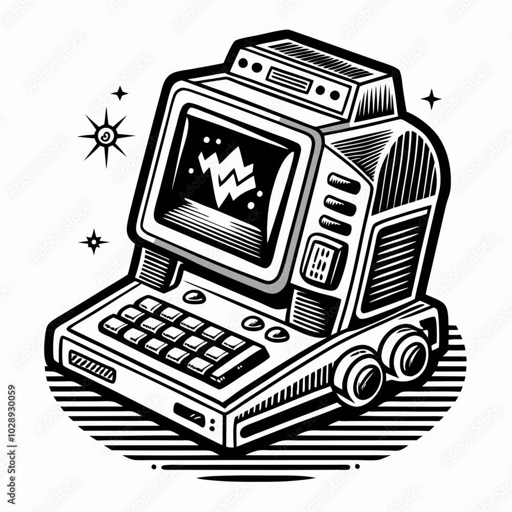 Aufkleber retro vintage computer illustration with star and graph elements in monochrome style