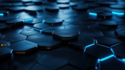 Fototapeta premium 3D-rendered futuristic abstract background, overlapping hexagons outlined by bright blue neon lights