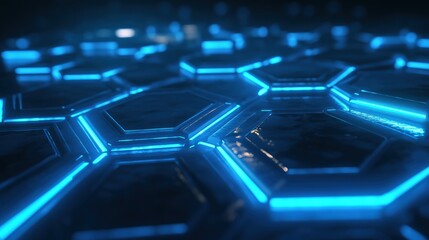 Obraz premium 3D-rendered futuristic abstract background, overlapping hexagons outlined by bright blue neon lights