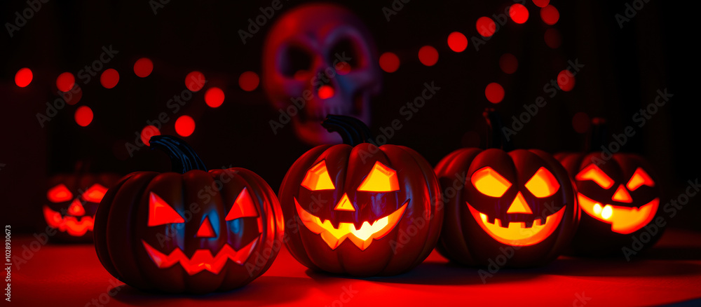 Sticker glowing jack-o'-lanterns front a skull red lights