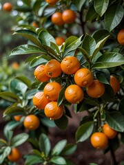 A mandarin tree filled with bright orange fruits, surrounded by lush green leaves. The fruits look ripe and fresh, with drops of water glistening on the leaves. AI generated.