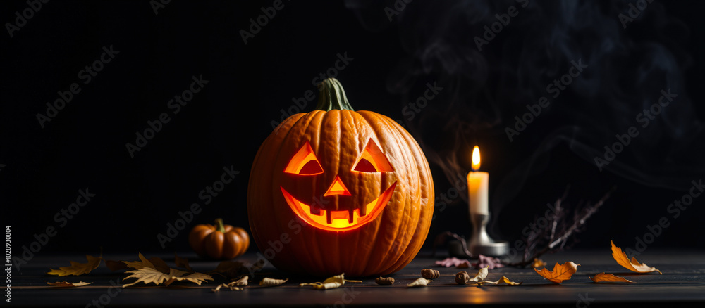 Wall mural glowing carved pumpkin on a dark wooden table