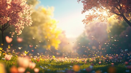 Vibrant spring landscape with a soft, blurred foreground of blooming flowers, sun-dappled trees in the background