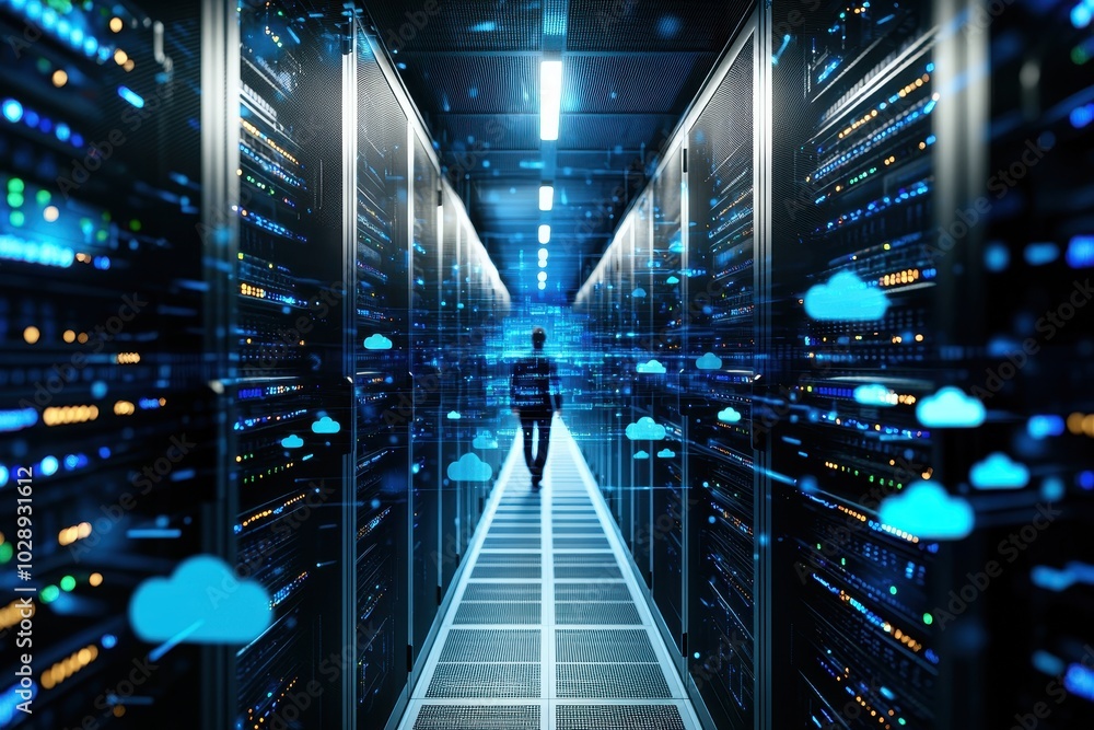 Aufkleber data center with server racks and cloud interface