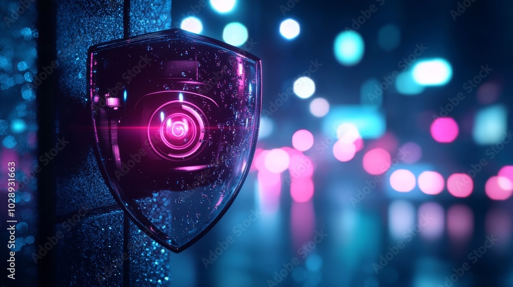 Poster minimalist shield design with camera in urban setting
