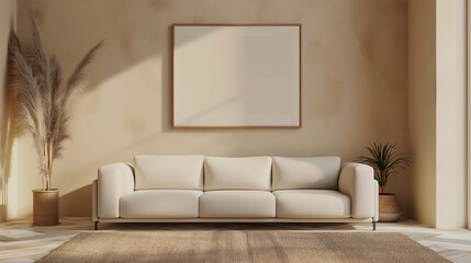 Minimalist | Interior Design of Modern Living Room. Modular Sofa Against Beige Stucco Wall With Abstract Art Frame | Panorama.
