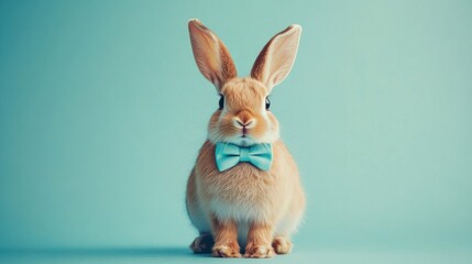 Obraz premium Stock minimalist photography of a rabbit wearing a small bow tie, standing on a clean blue background with minimal shadows for a charming and refined look