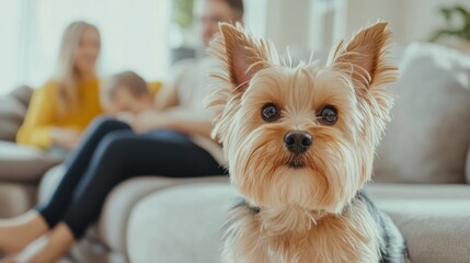 Yorkshire Terrier with a family on a couch, natural daylight brightens the room, creating a warm atmosphere,