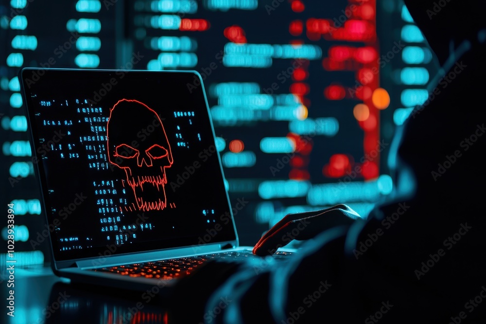 Aufkleber hacker working on laptop, dark digital environment