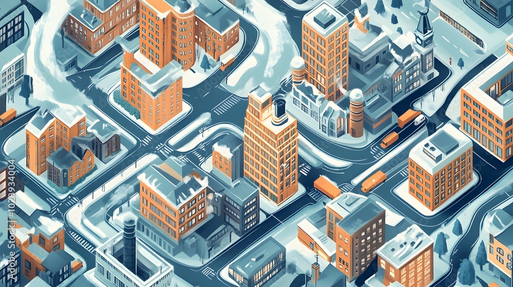 Poster an intricate isometric city map where path manipulation techniques like anchor points and bézier cur
