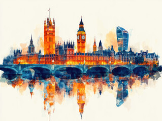 Naklejka premium Watercolor Painting of London Skyline with Big Ben and Bridge