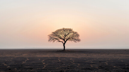 solitary tree stands in middle of vast desert landscape, surrounded by cracked earth and soft, pastel sky at dawn. scene evokes sense of tranquility and resilience
