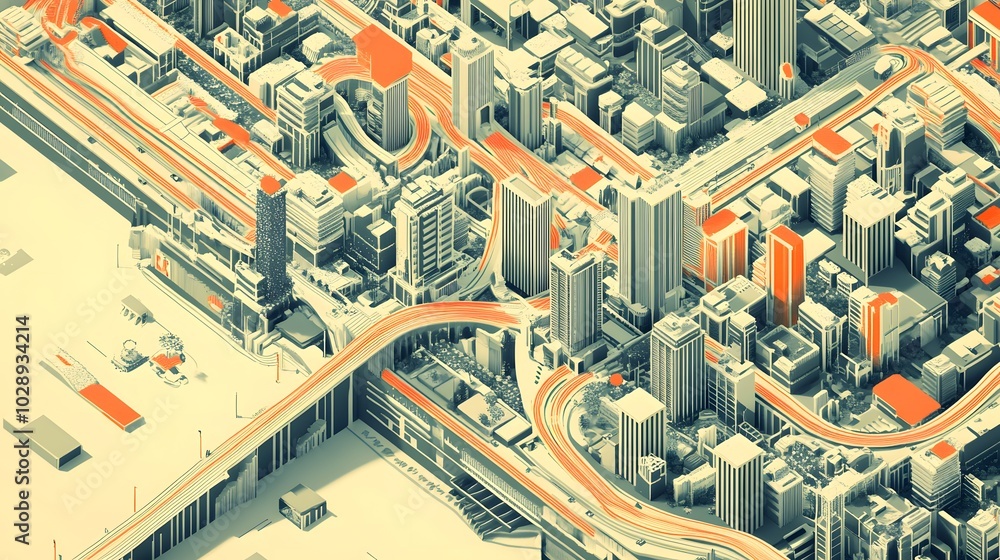 Poster an intricate isometric city map where path manipulation techniques like anchor points and bézier cur