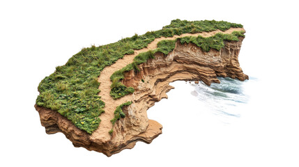 A scenic coastal cliff with lush greenery overlooks the serene ocean. A defined path winds along the cliff, offering a breathtaking view.