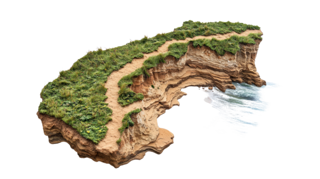 A scenic coastal cliff with lush greenery overlooks the serene ocean. A defined path winds along the cliff, offering a breathtaking view.