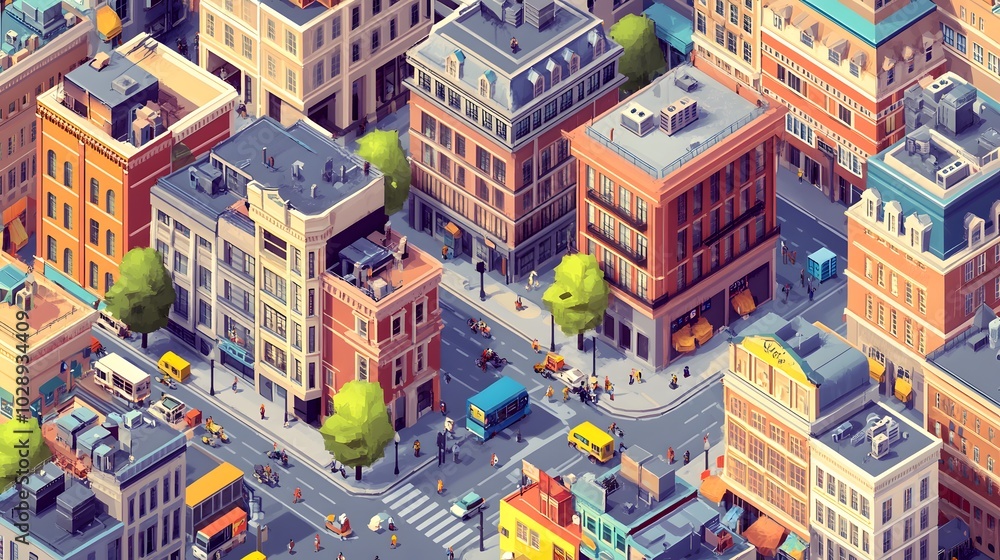 Poster a scalable isometric design of a vibrant, bustling urban environment, where every object retains sha