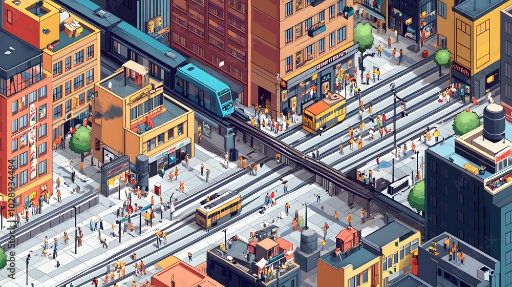Poster a scalable isometric design of a vibrant, bustling urban environment, where every object retains sha