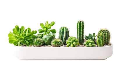 A stylish white ceramic planter featuring a variety of vibrant green succulents and cacti, perfect for indoor decor and home gardens.