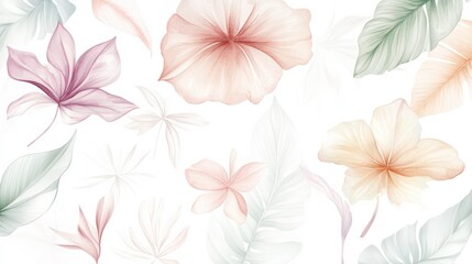 A delicate watercolor illustration of tropical spring floral elements on a transparent background, ideal for greeting or wedding cards, featuring soft pastel hues.