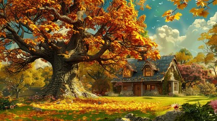 A cozy cottage with a red roof sits beside a vibrant autumn tree under a bright blue sky with fluffy clouds.