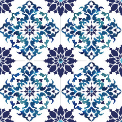 Abstract blue floral seamless pattern, featuring intricate geometric designs and symmetrical elements for creative background use.