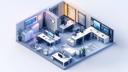 Obraz premium A modular isometric design of a tech-savvy office, where desks, computers, and furniture are all interchangeable, creating a dynamic and customizable workspace with scalable components 