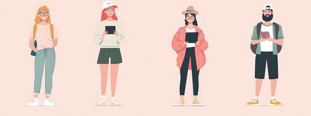 Fototapeta premium Young college students, flat illustration style vector cartoon character design