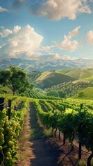 Scenic vineyard with grapevines and rolling hills, 4K hyperrealistic photo
