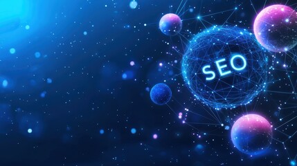 Futuristic SEO concept with interconnected planets and glowing networks in outer space galaxy
