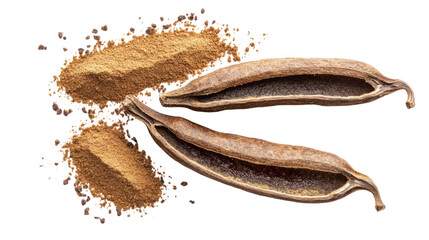 Close-up of dried baobab fruit and powder on white background, highlighting its natural texture and organic properties for health and wellness.