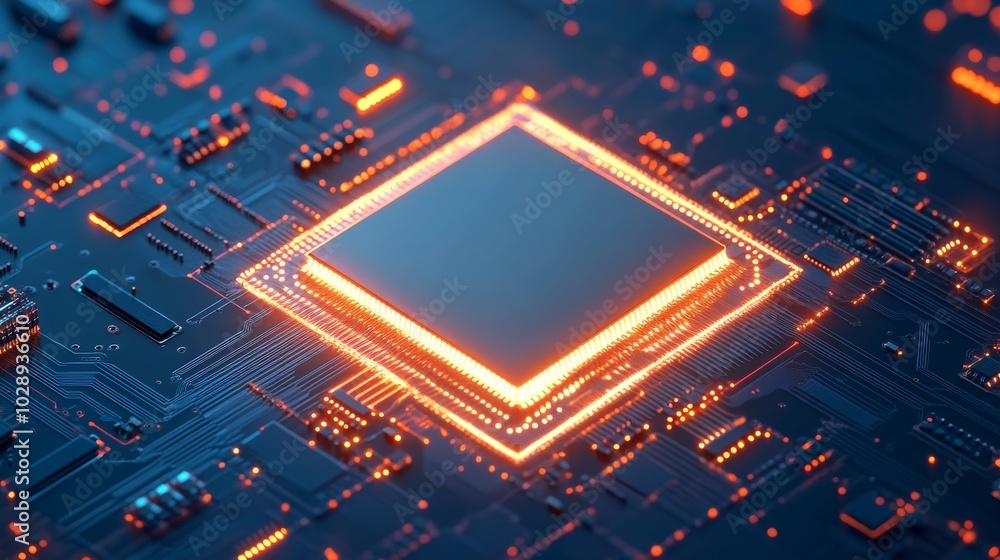 Poster a 3d rendering of a futuristic blue circuit board and cpu