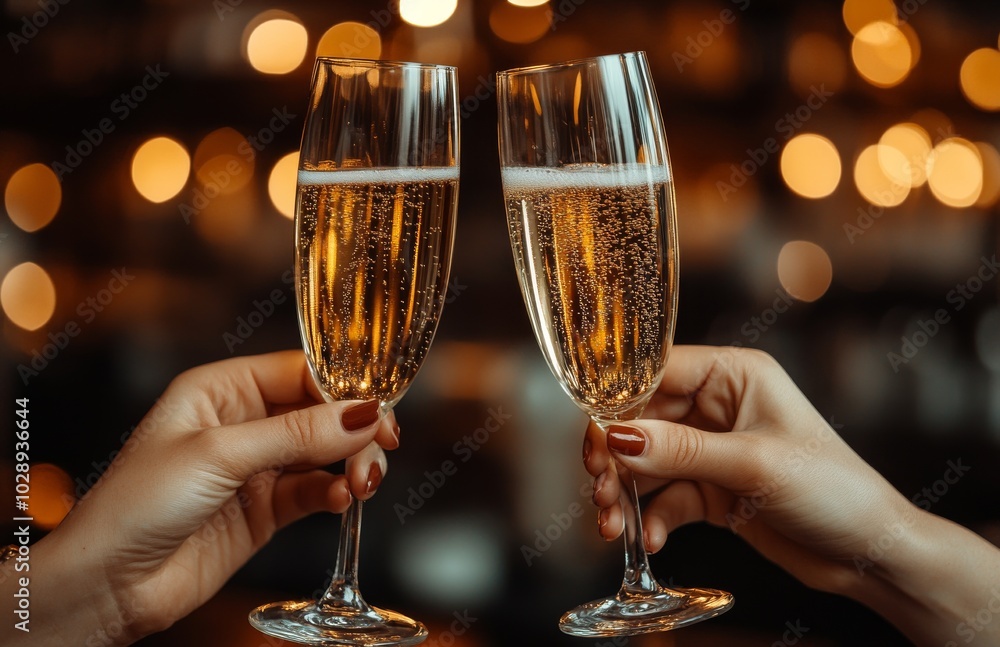 Wall mural concept for holiday, wedding, valentine's day, christmas, and new year, two glasses with champagne w