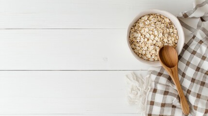 A bowl of oatmeal with a wooden spoon on a white checkered napkin on a white wooden background.