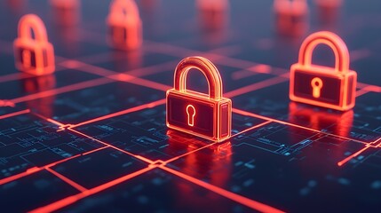 Digital security concept with glowing padlocks on a network grid