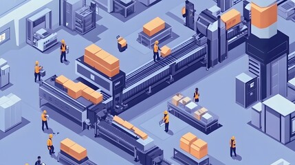 Obraz premium A factory production line built in an isometric style, with every component snapped perfectly to the grid, displaying precise alignment of machinery, workers, and products in a clean, organized flow