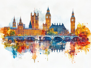 Fototapeta premium Watercolor Painting of London Skyline with Famous Landmarks 