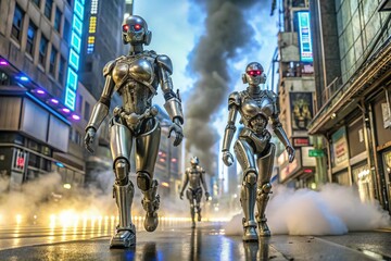 Fototapeta premium Futuristic Metal Robots Walking in Cyberpunk Street with Neon Lights and Smoke