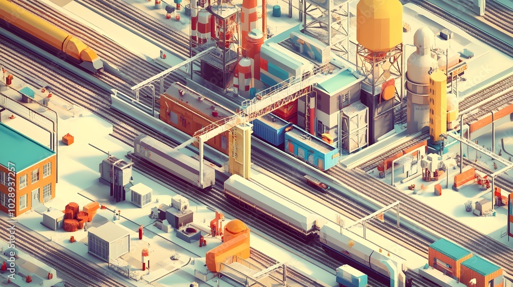 Poster a detailed isometric scene built on an axonometric grid, with objects and structures perfectly align