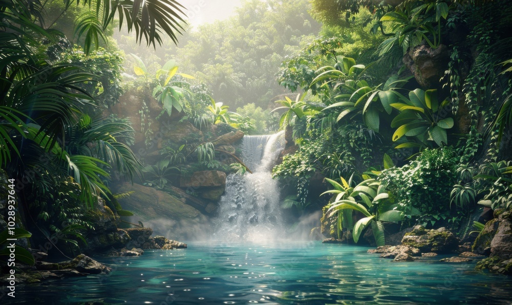 Poster dense jungle with a hidden waterfall cascading into a pool, 4k hyperrealistic photo